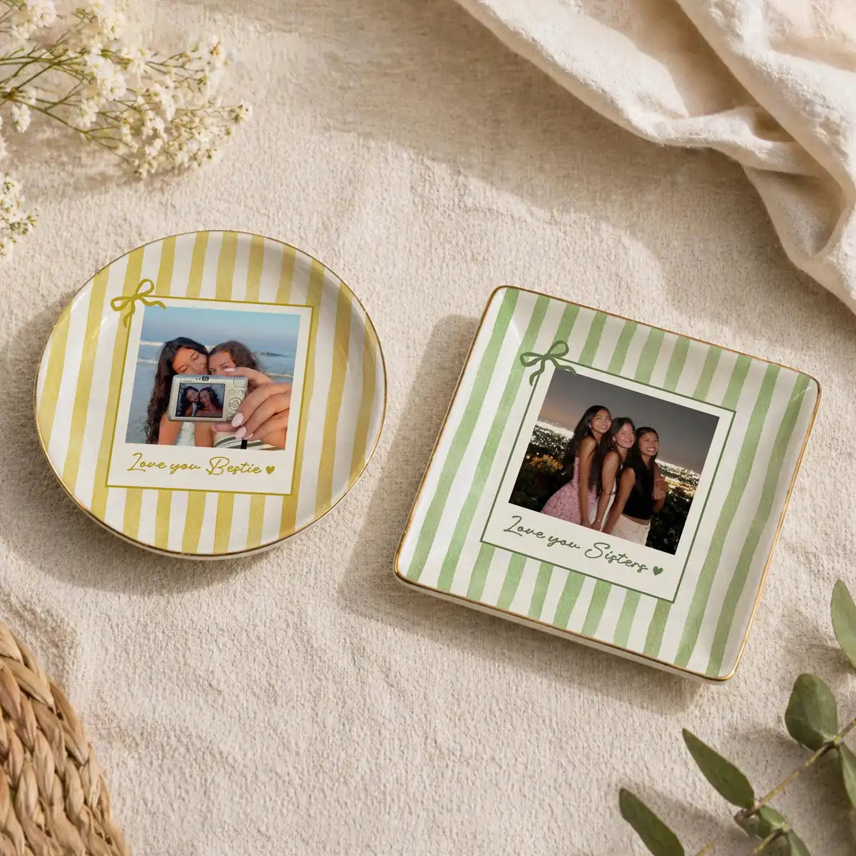 Custom photo bestie ring dish displayed elegantly on wooden bedroom nightstand