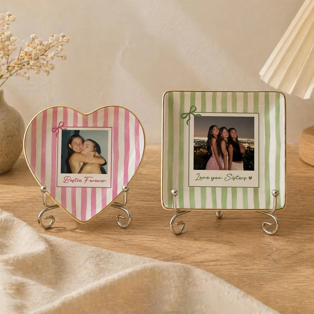 Custom photo bestie ring dish displayed elegantly on wooden bedroom nightstand