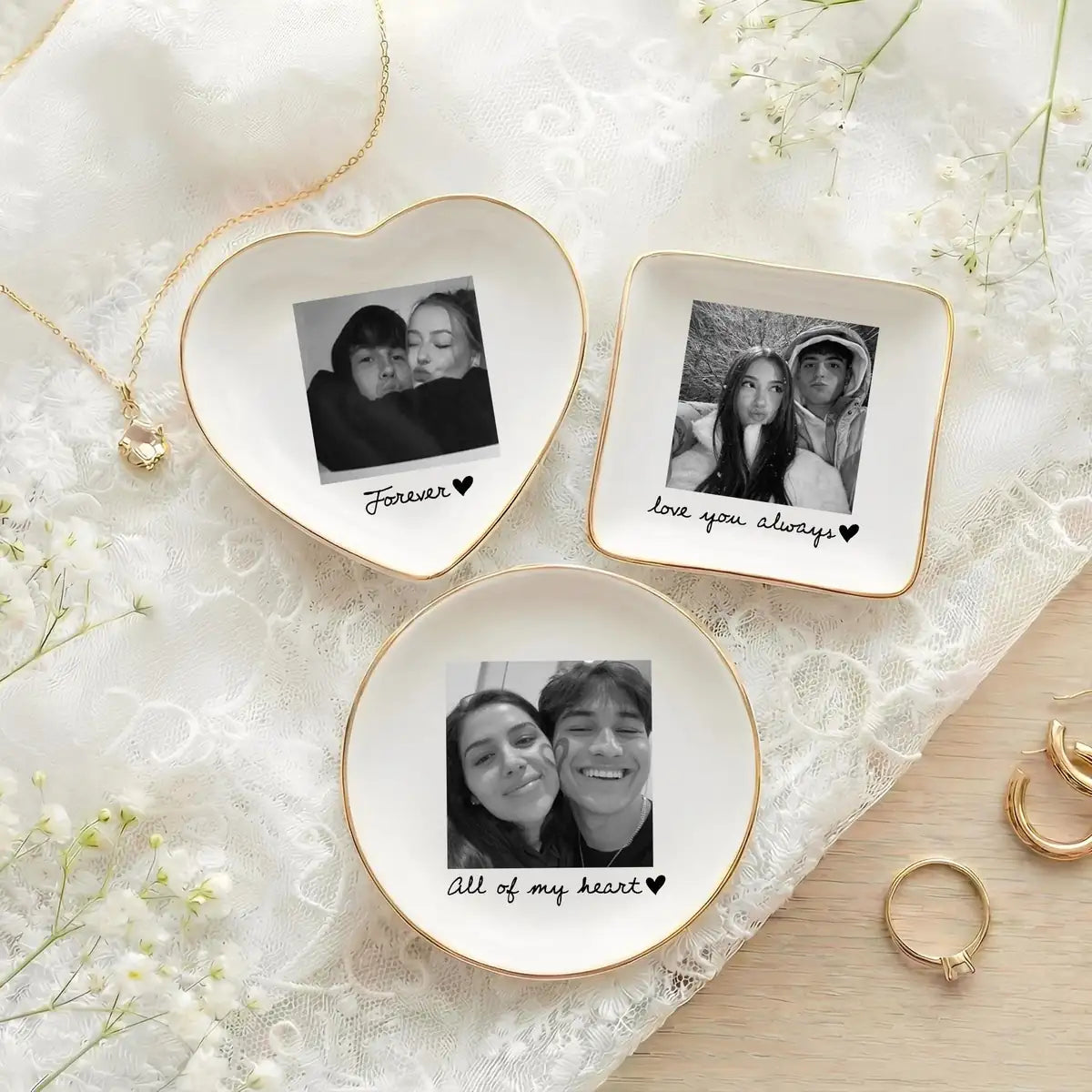 Close-up detail of glossy ceramic finish and gold rim on personalized couple trinket tray