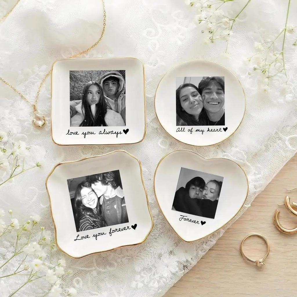 Personalized ceramic ring dish with custom photo and text for couple, main front view