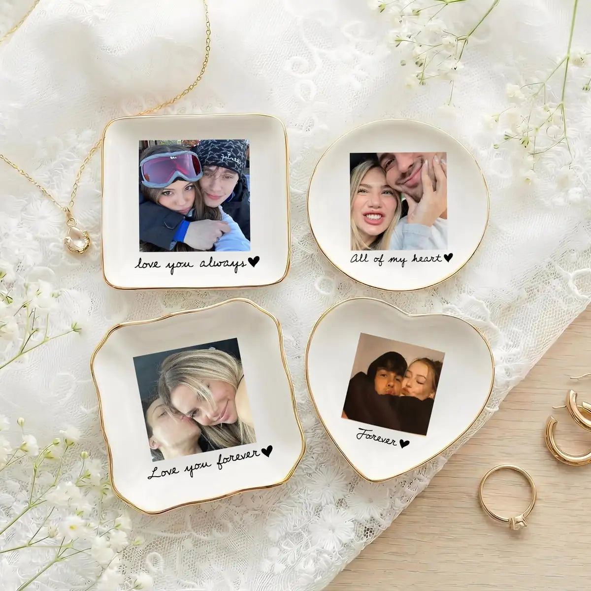Personalized ceramic ring dish with custom photo and text for couple, main front view