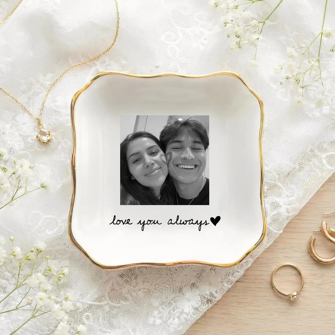 Custom photo couple ring dish displayed elegantly on wooden bedroom nightstand