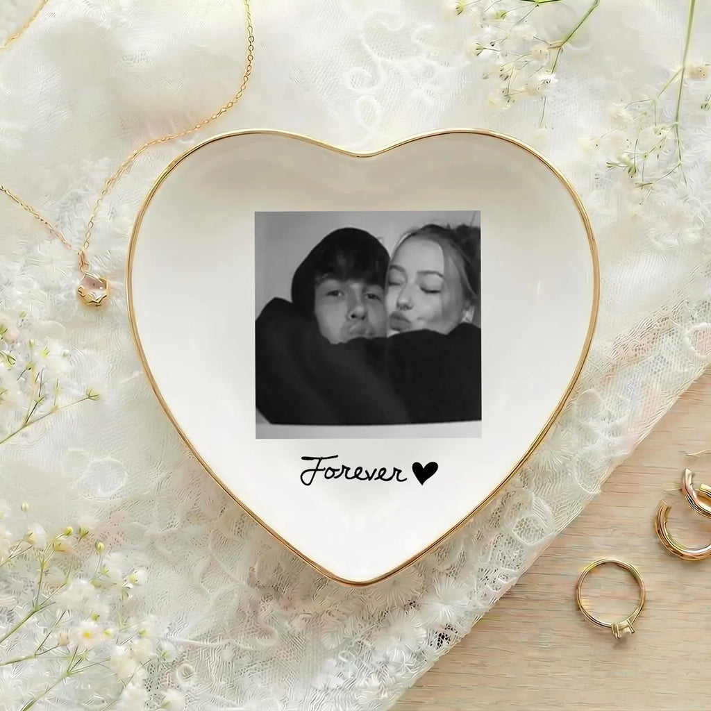 Custom photo couple ring dish displayed elegantly on wooden bedroom nightstand