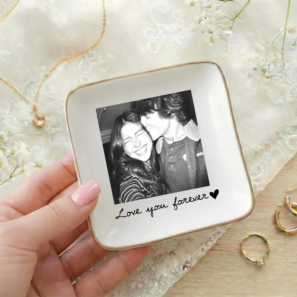 Custom photo couple ring dish displayed elegantly on wooden bedroom nightstand