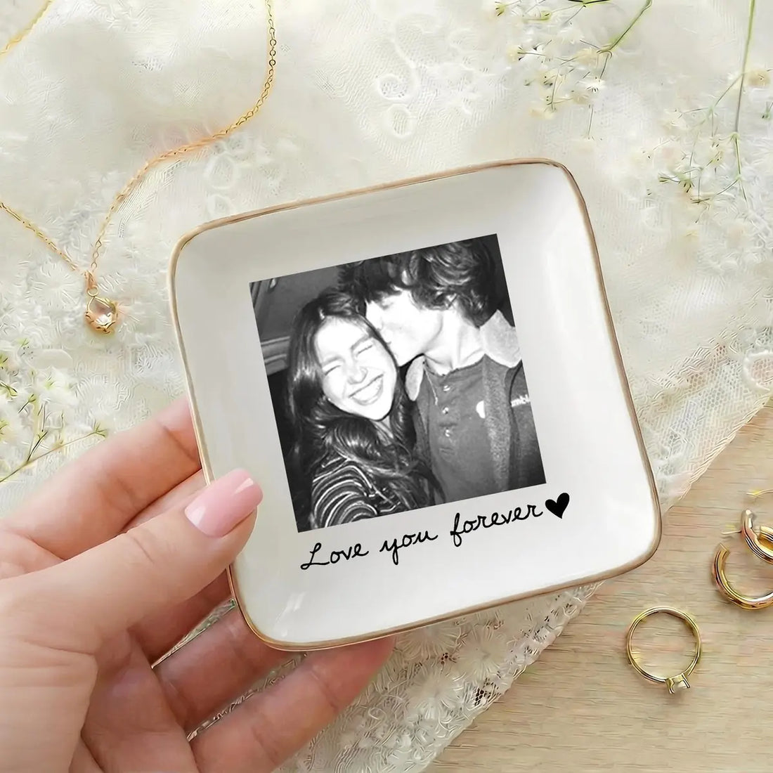 Custom photo couple ring dish displayed elegantly on wooden bedroom nightstand