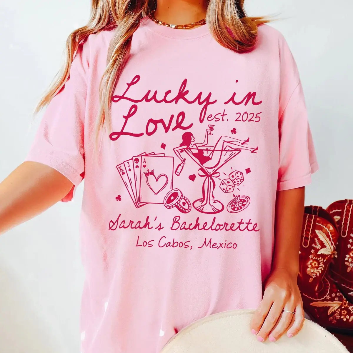 Lucky In Love - Custom Name - Las Vegas Bachelorette Party Comfort Colors T-Shirt - Comfort Colors T-Shirt Mockup Image