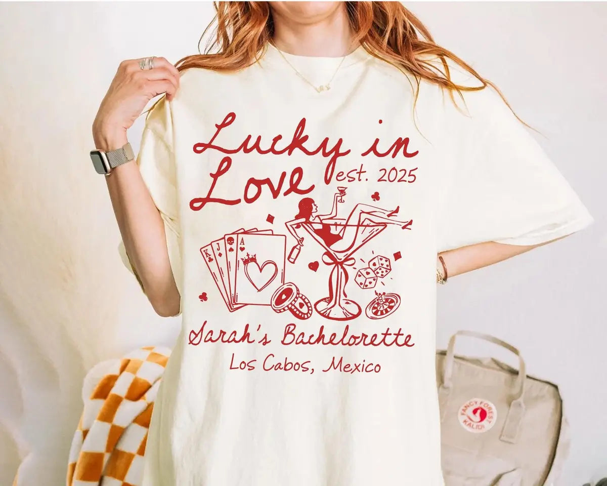 Lucky In Love - Custom Name - Las Vegas Bachelorette Party Comfort Colors T-Shirt - Comfort Colors T-Shirt Mockup Image