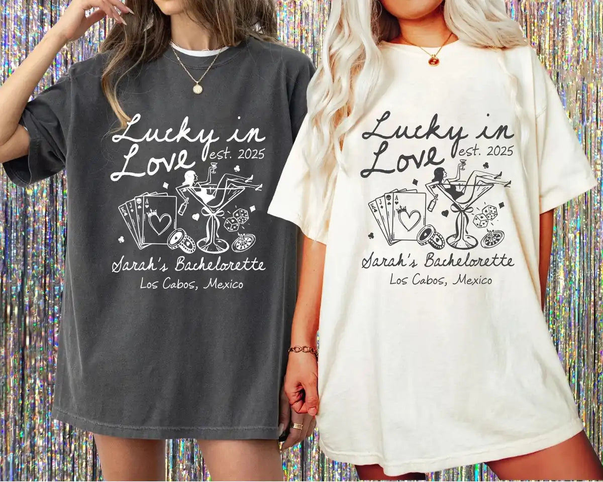 Lucky In Love - Custom Name - Las Vegas Bachelorette Party Comfort Colors T-Shirt - Comfort Colors T-Shirt Size & Fit Chart