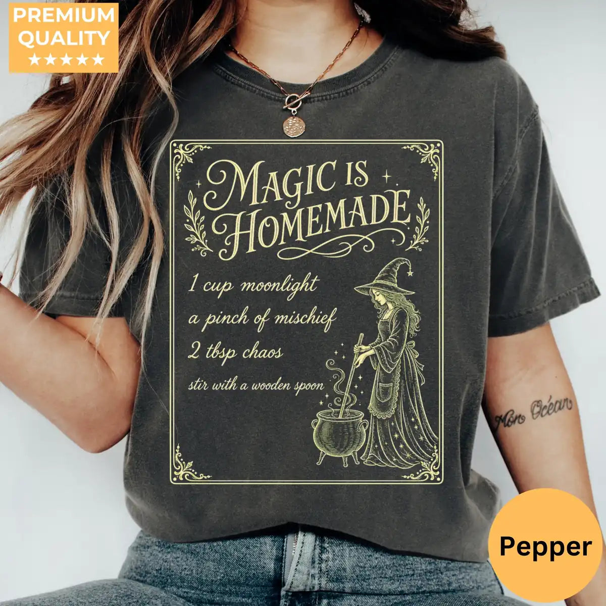 Comfort Colors T-shirt in Moss featuring witch recipe graphic