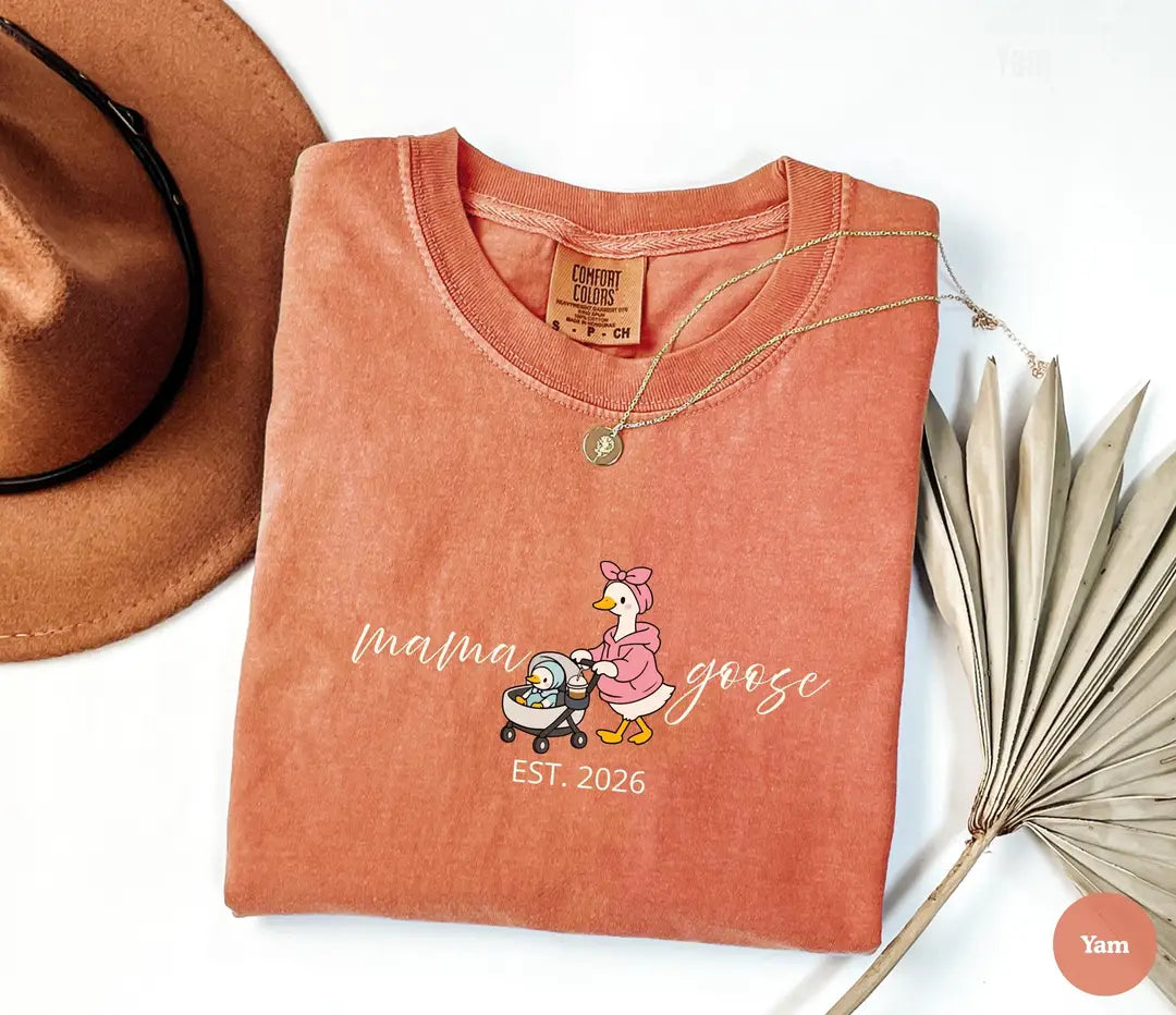 Mama Goose graphic Comfort Colors T-shirt in Yam, additional product photograph.