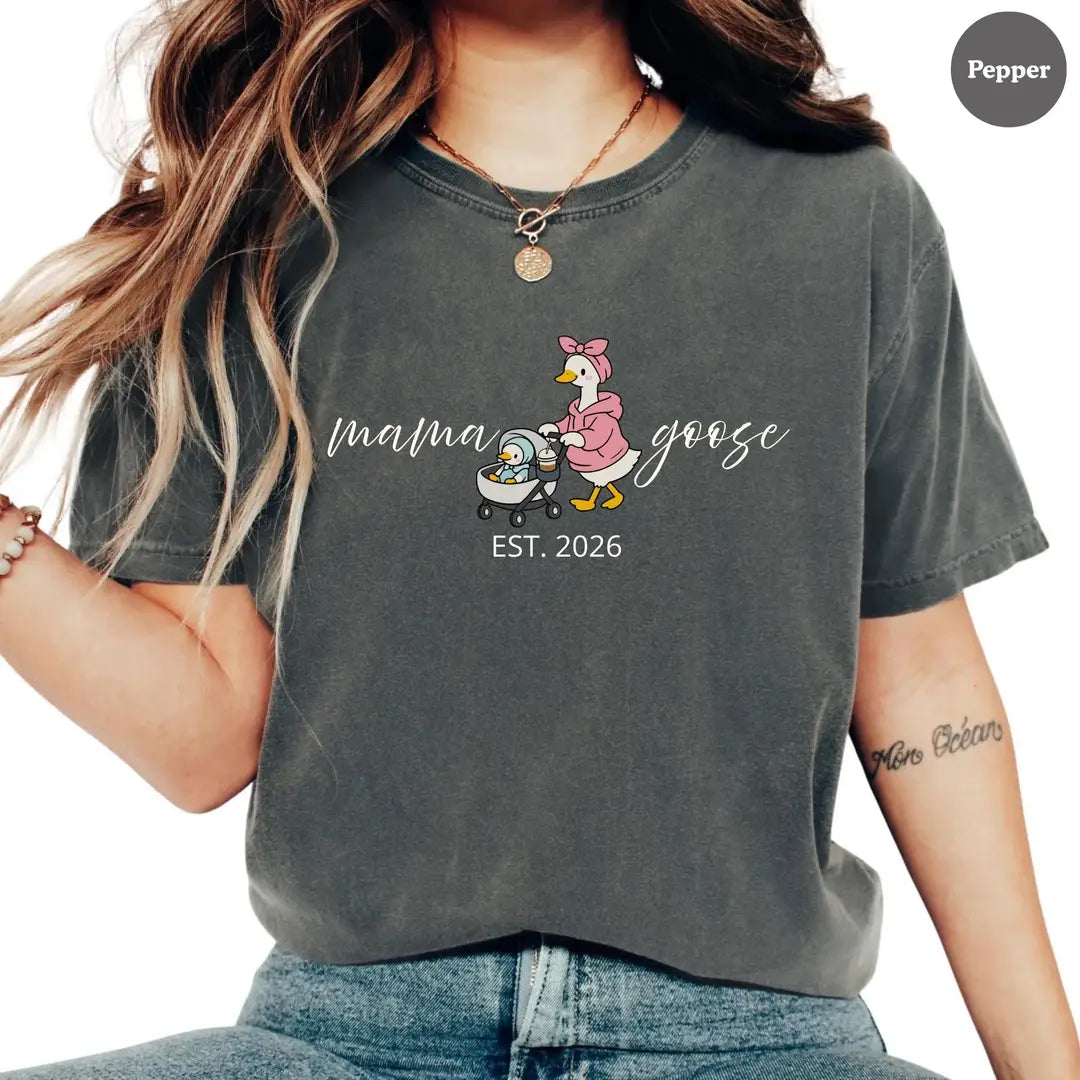 Mama Goose graphic Comfort Colors T-shirt in Pepper, main product photograph.