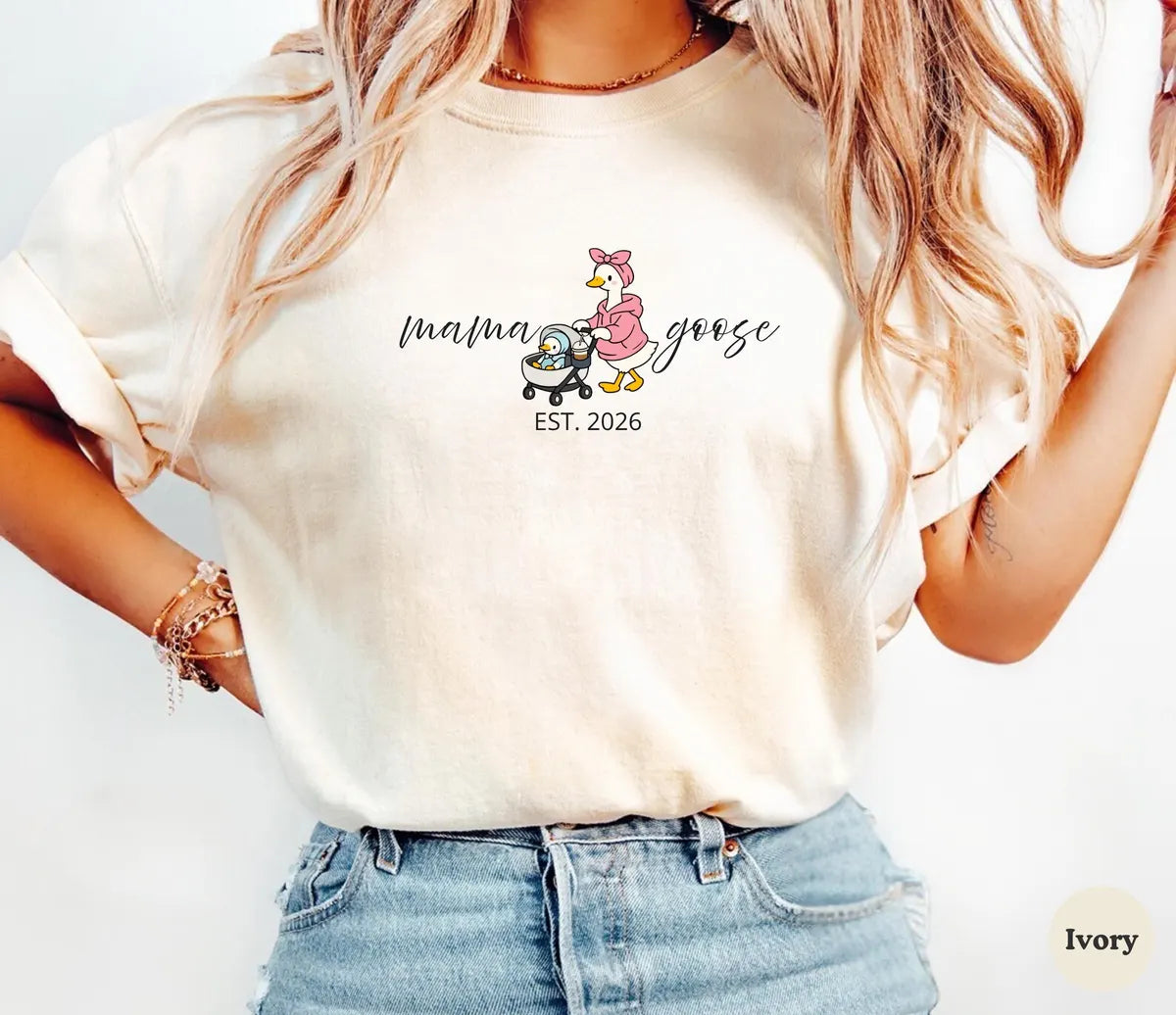 Comfort Colors T-shirt with Mama Goose animal-themed design; model photo.