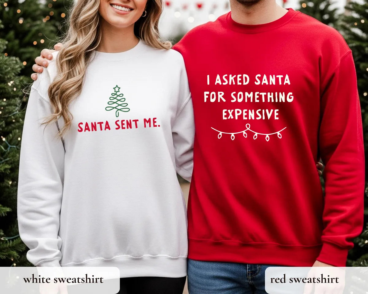 Christmas couple sweatshirts in White and Red with matching designs.