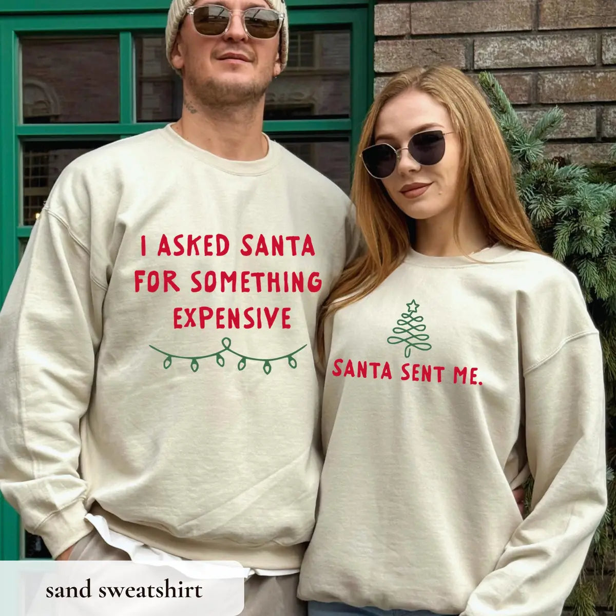 Matching Christmas couple crewneck sweatshirts in Sand.
