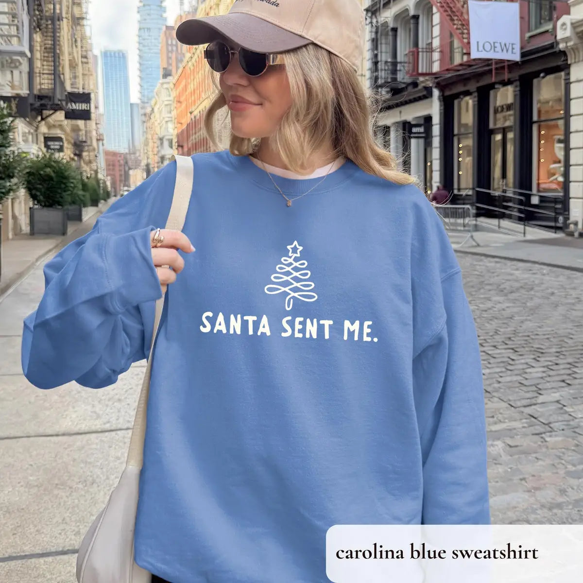 Santa Sent Me crewneck sweatshirt in Carolina Blue.