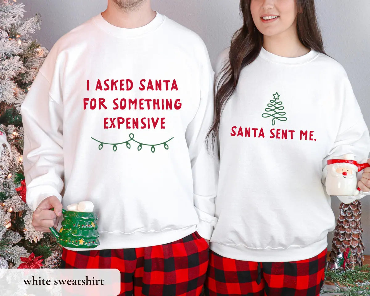 Christmas couple sweatshirts in White with matching designs.