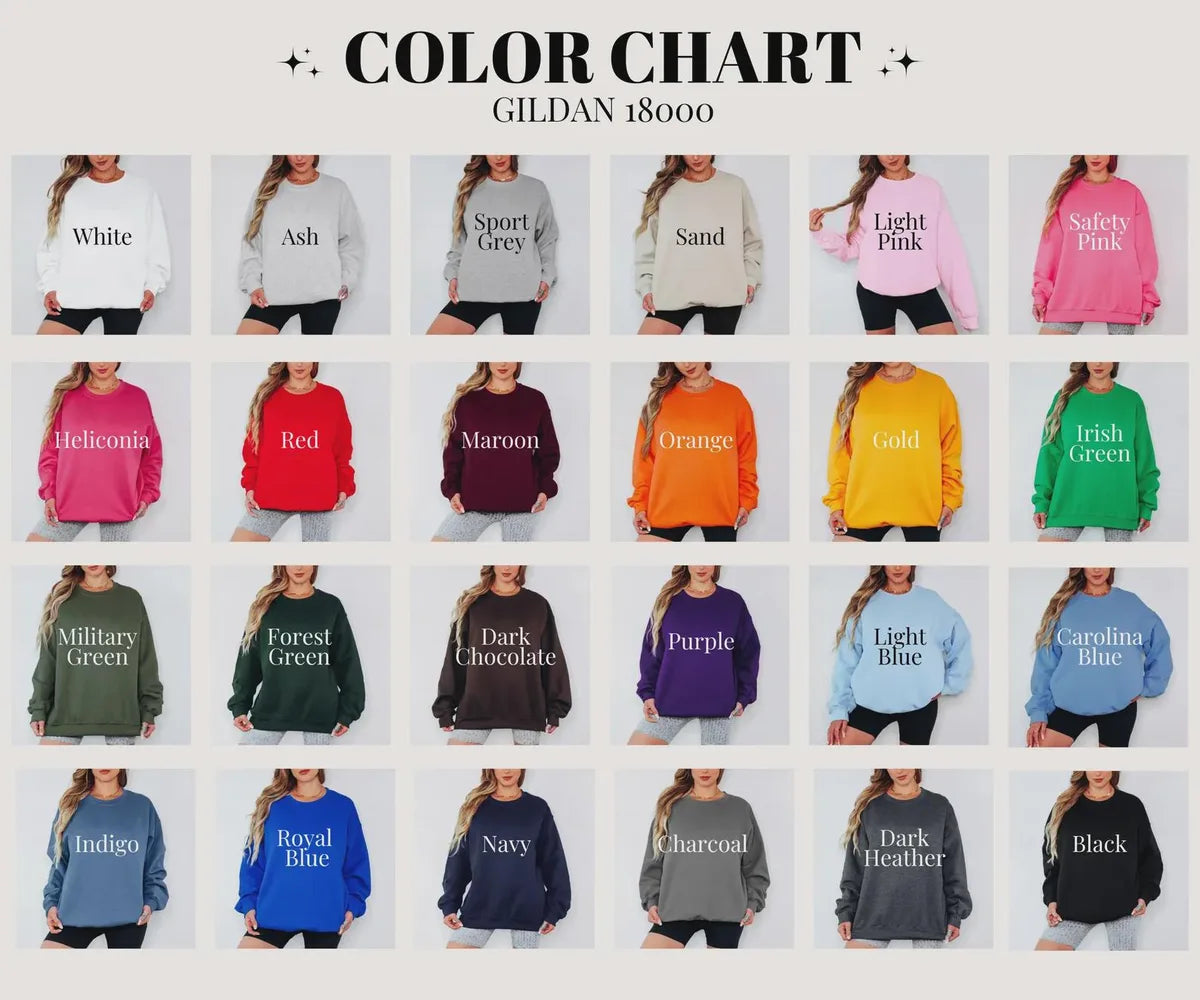 Gildan 18000 sweatshirt color chart showing available garment colors.
