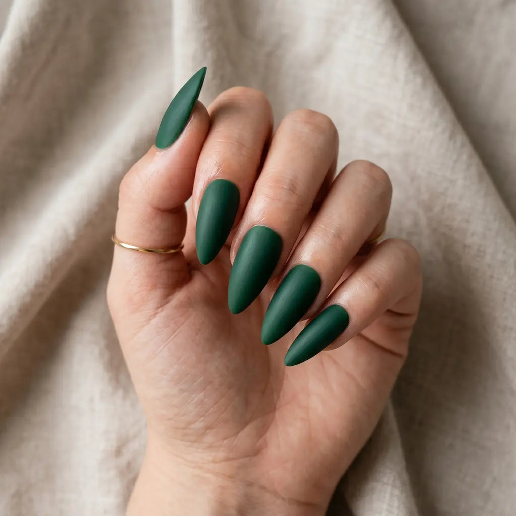 matte emerald green solid color almond press on nails flat lay 04