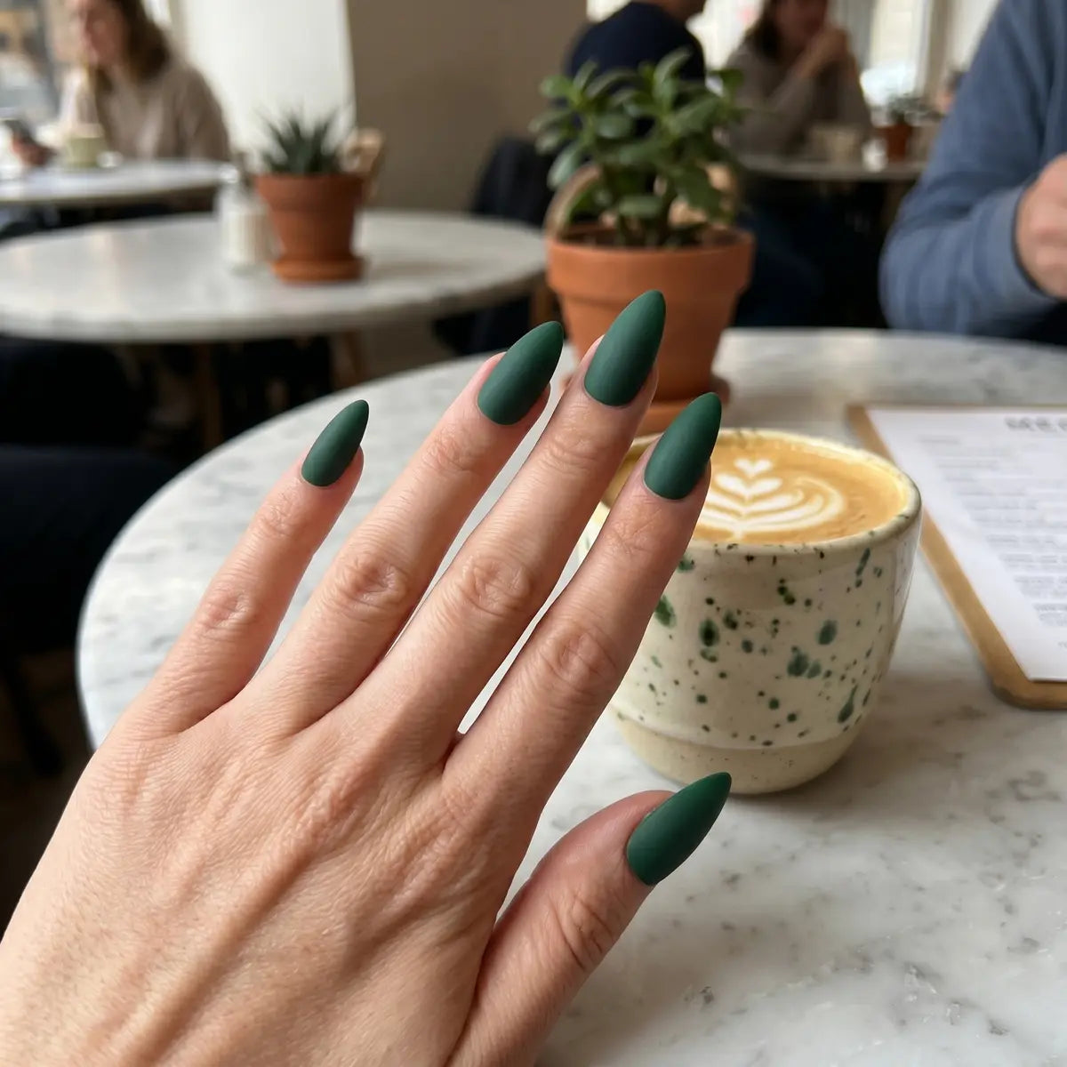 matte emerald green solid color almond press on nails mockup 01