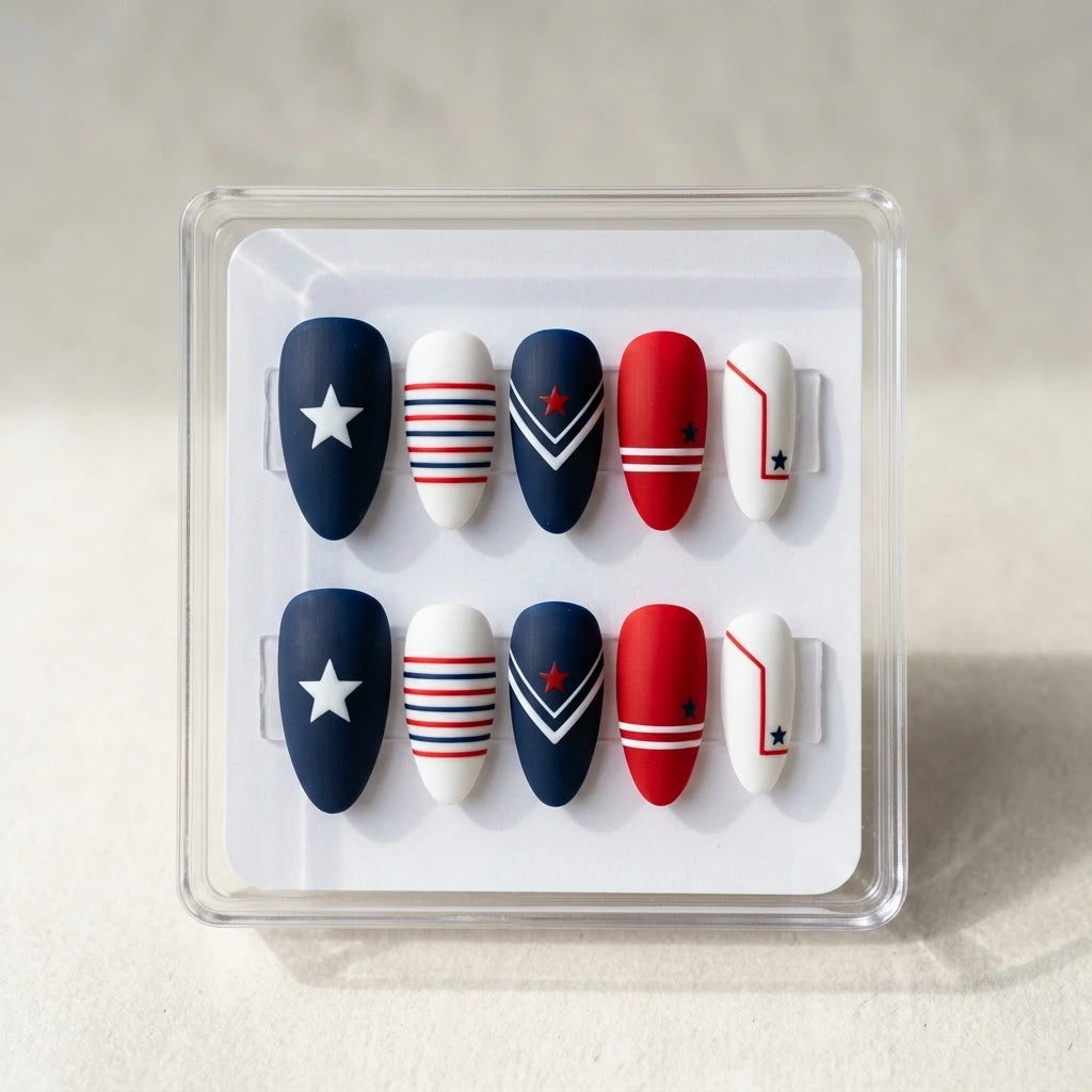 matte hand painted 4th of july almond press on nails patriotic star flat lay 01