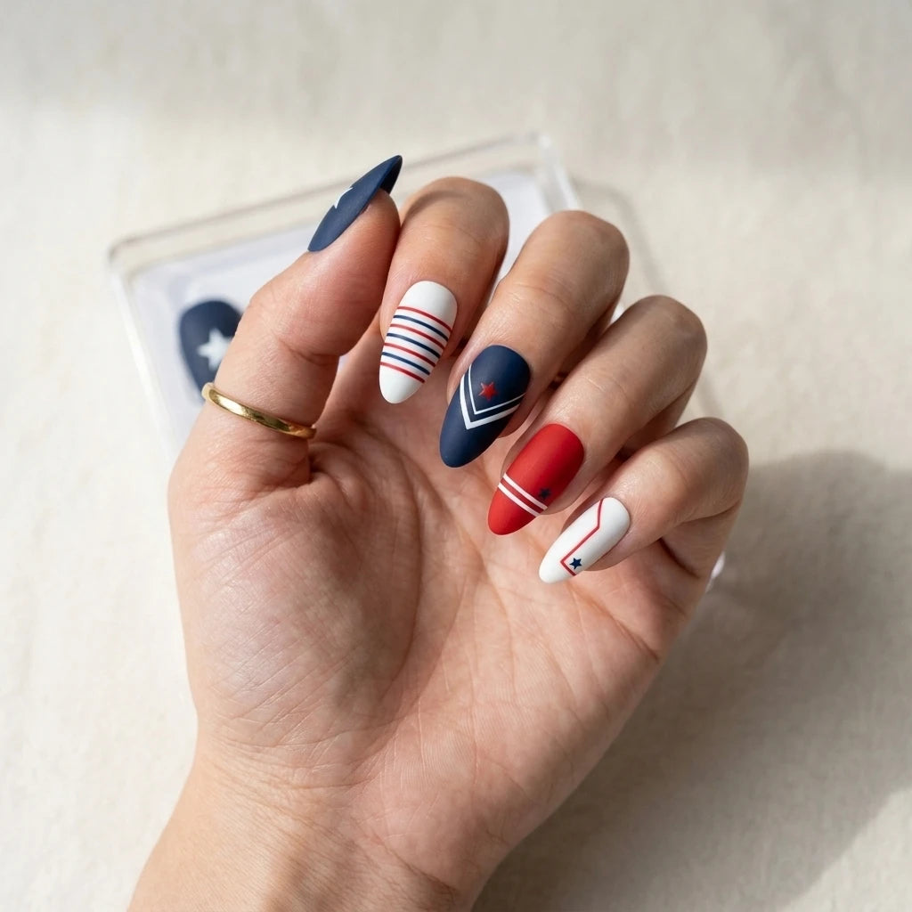matte hand painted 4th of july almond press on nails patriotic star lifestyle 01