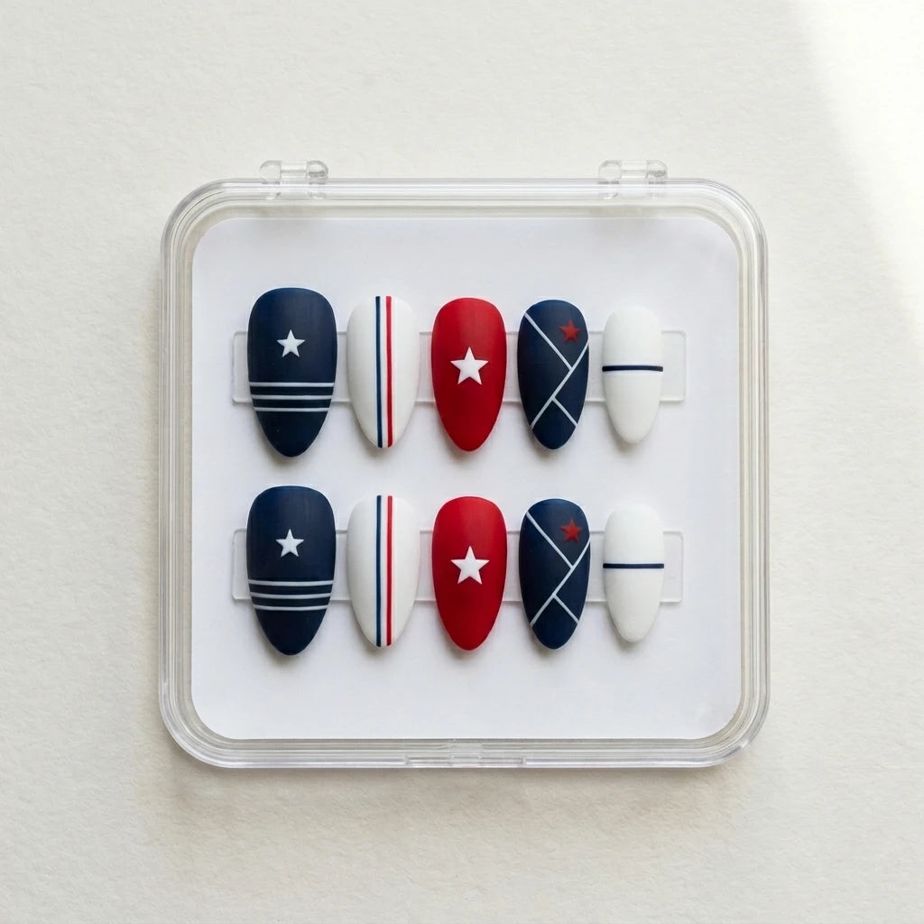 matte hand painted 4th of july almond press on nails star stripe lifestyle 01