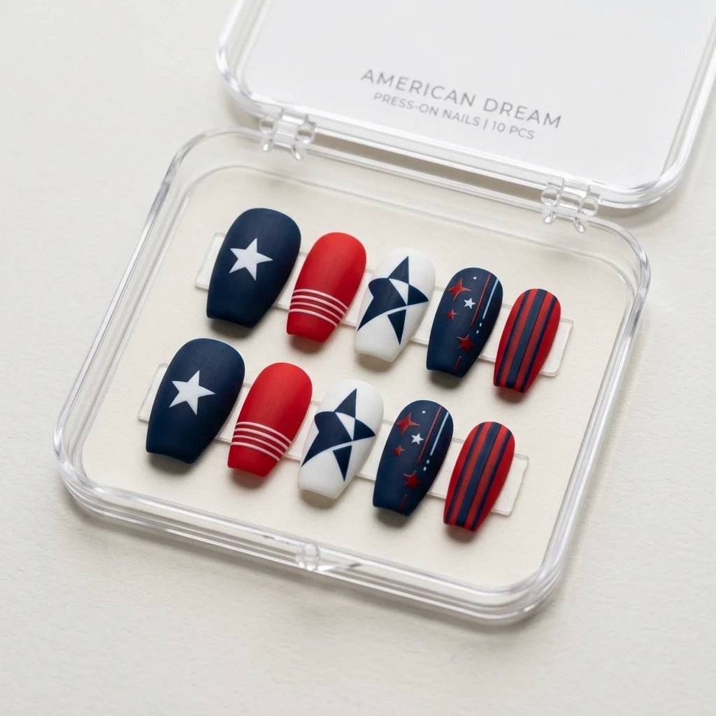 matte hand painted 4th of july coffin press on nails star stripe flat lay 01