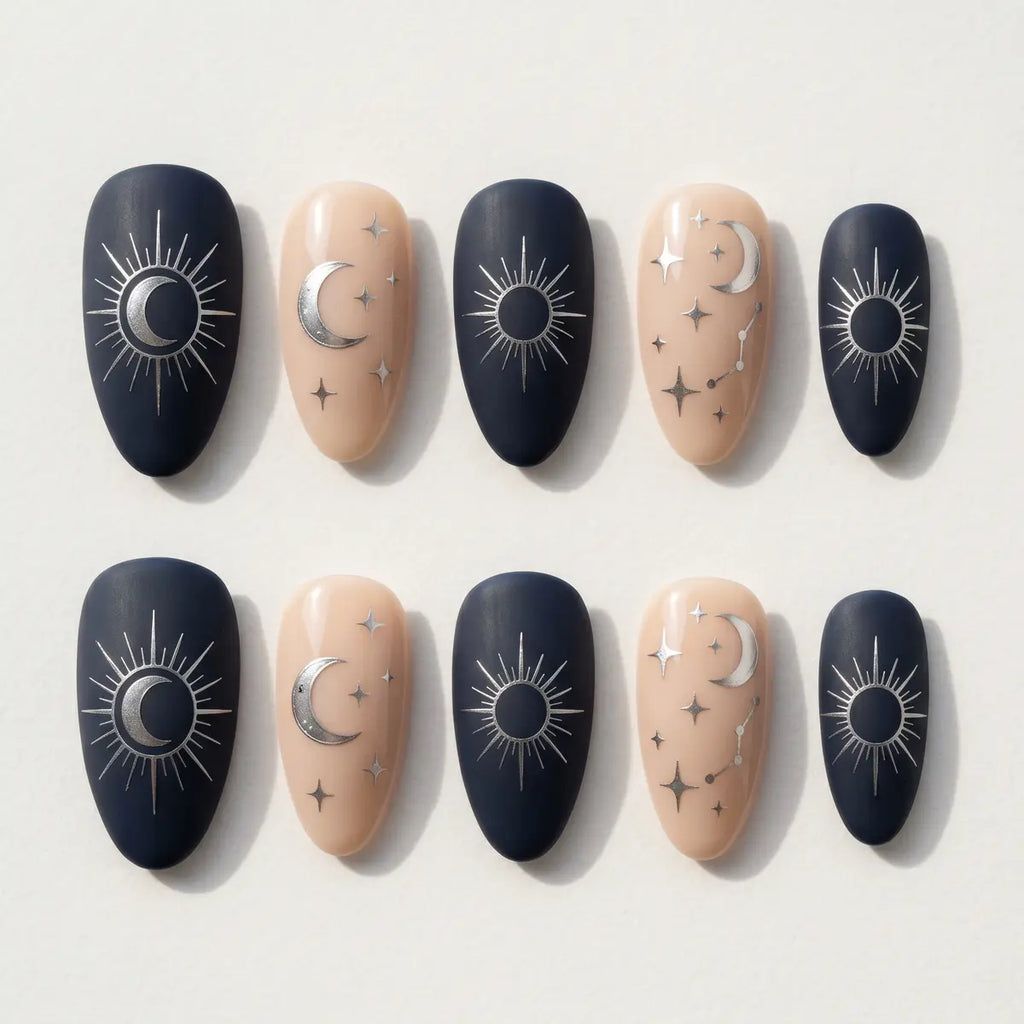 matte navy blue nude hand painted almond press on nails silver celestial detail 03