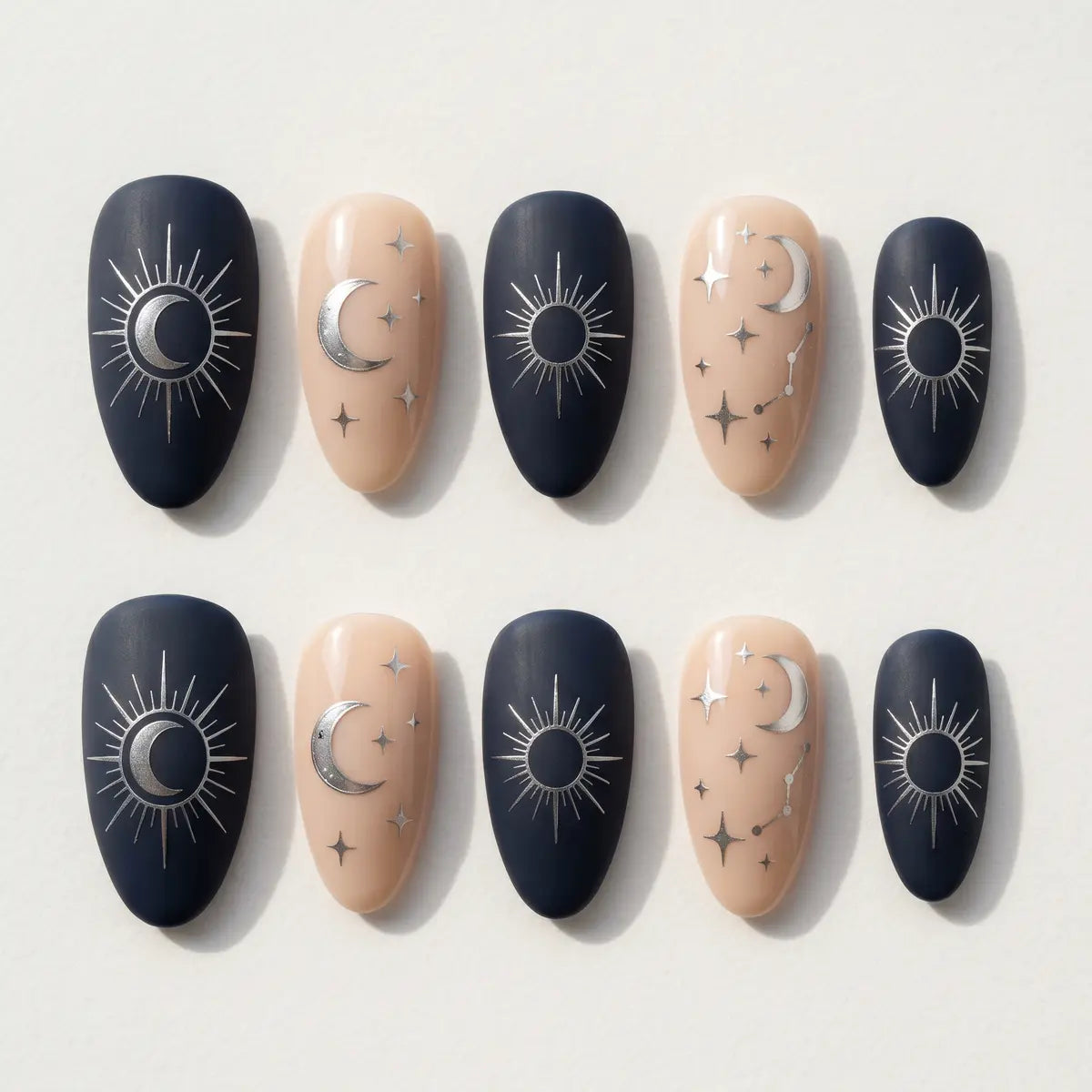 matte navy blue nude hand painted almond press on nails silver celestial detail 03