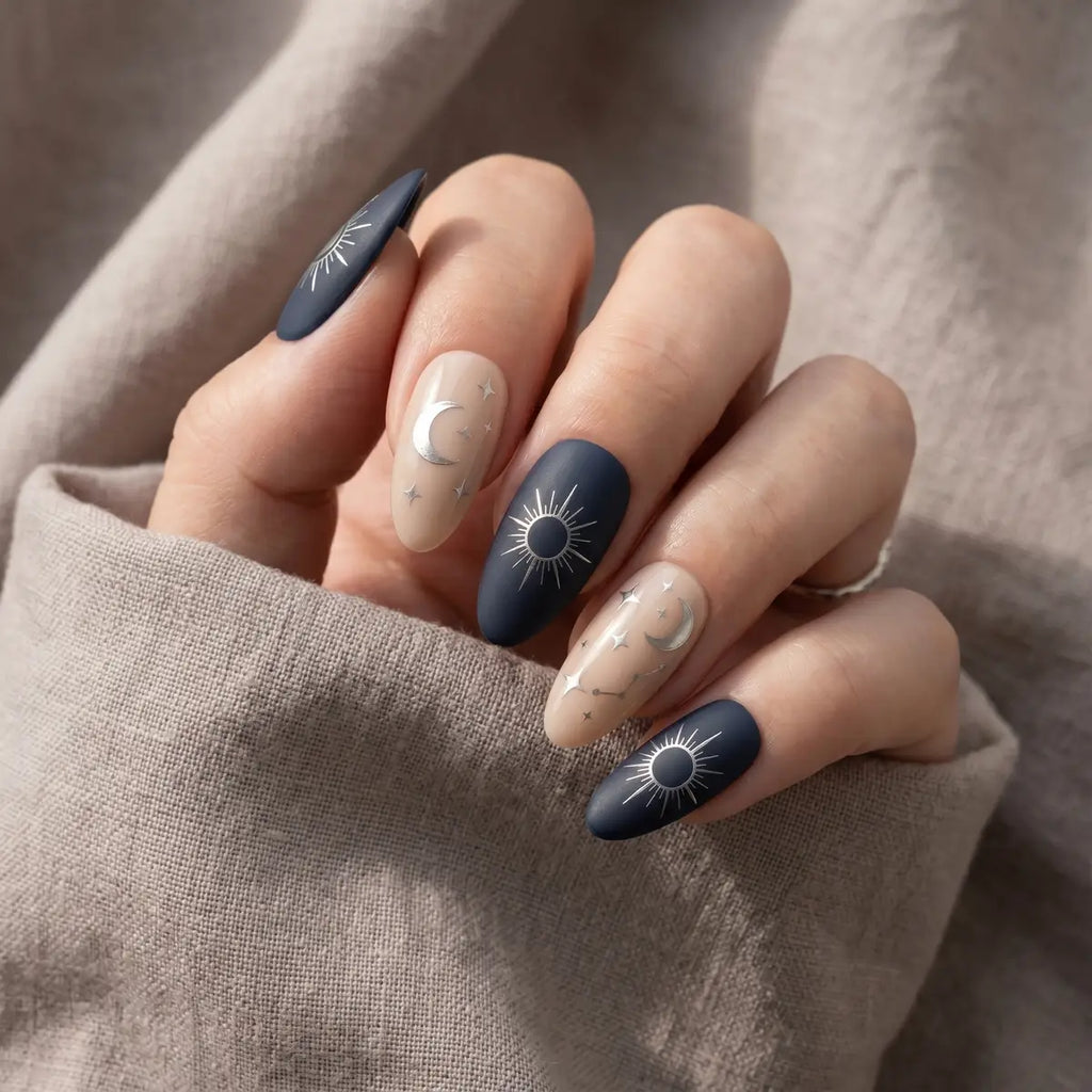 matte navy blue nude hand painted almond press on nails silver celestial lifestyle 02