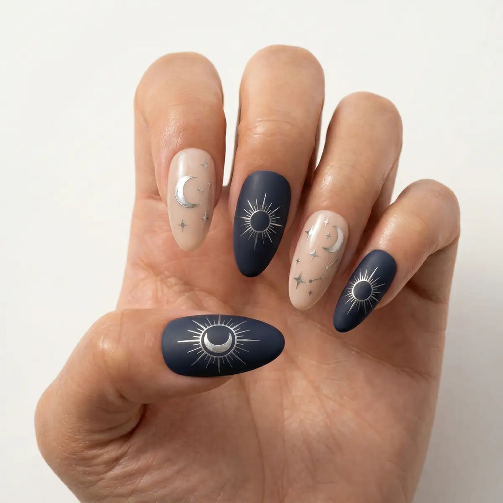 matte navy blue nude hand painted almond press on nails silver celestial mockup 01
