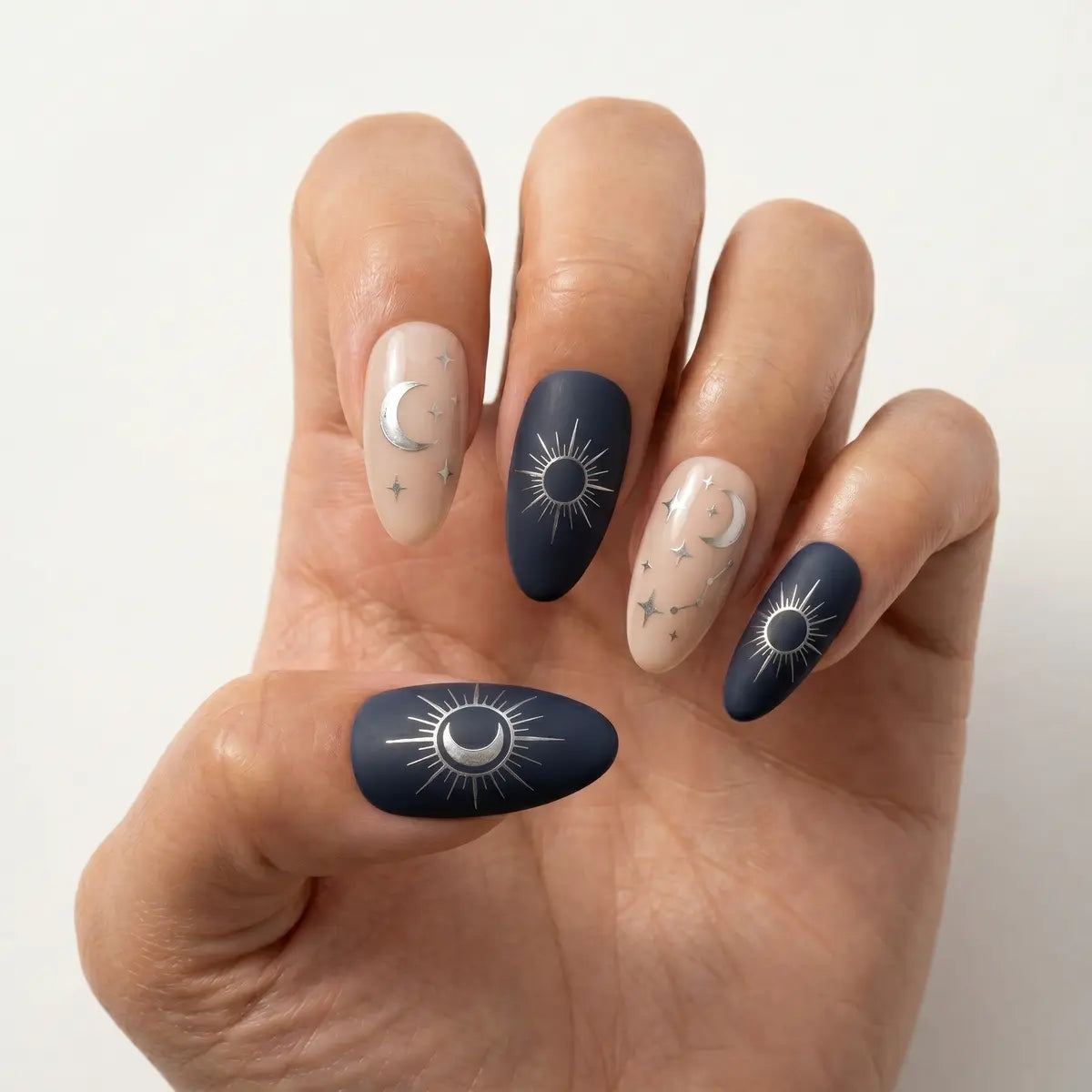 matte navy blue nude hand painted almond press on nails silver celestial mockup 01