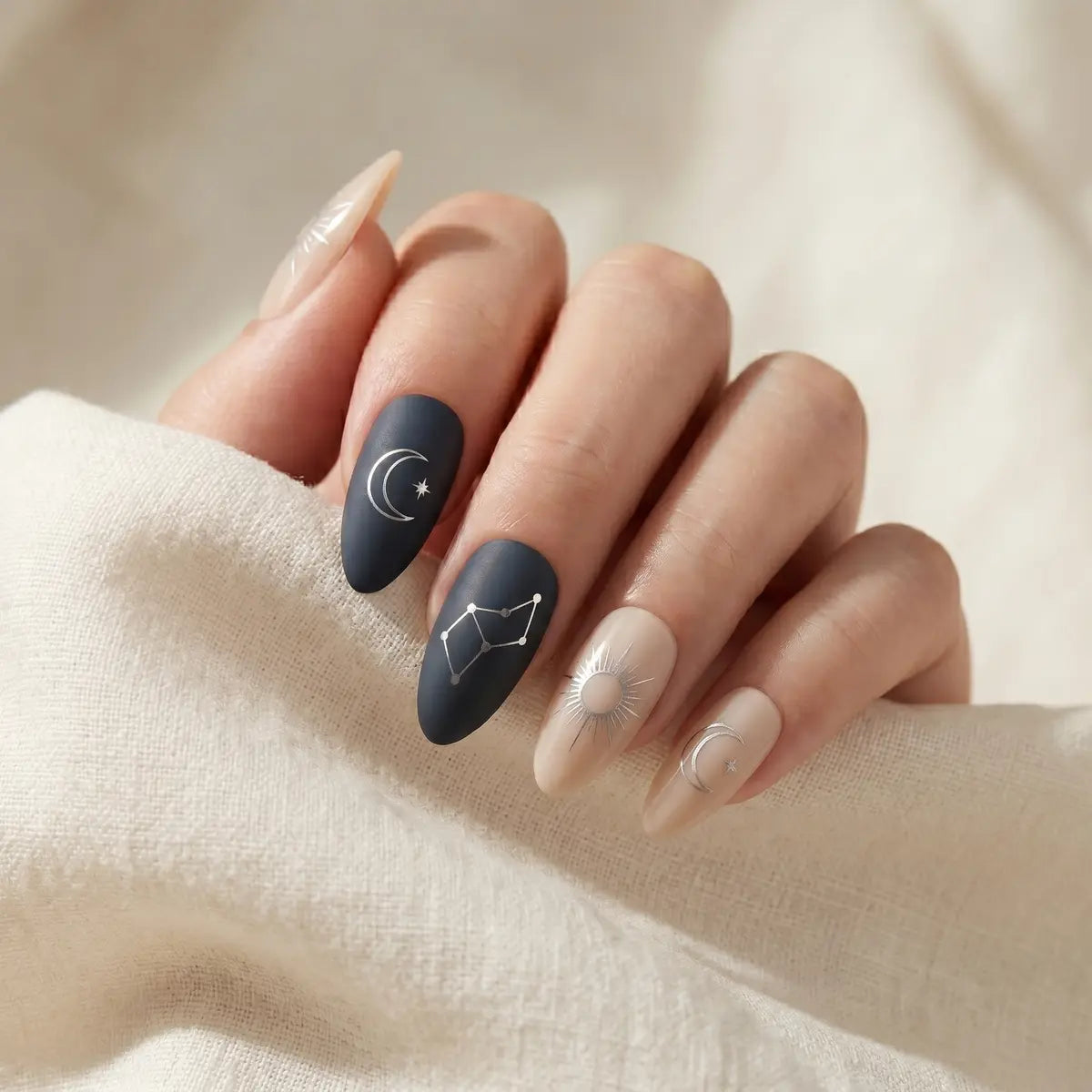 matte navy nude hand painted almond press on nails silver celestial lifestyle 02