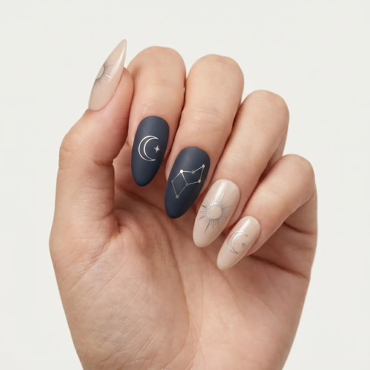 matte navy nude hand painted almond press on nails silver celestial mockup 01