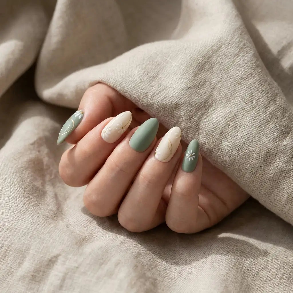 matte sage green nude hand painted almond press on nails daisy gold swirl detail 03