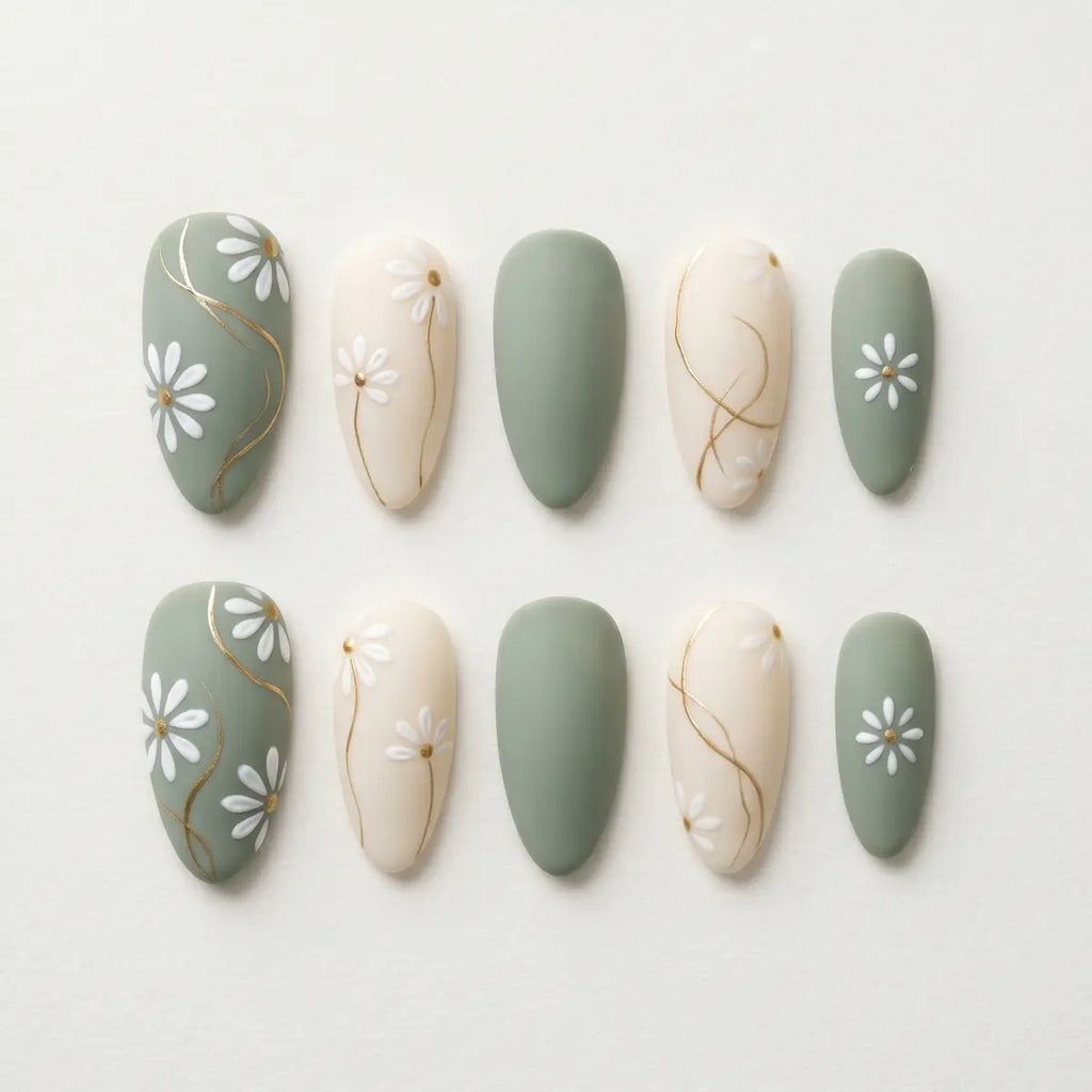 matte sage green nude hand painted almond press on nails daisy gold swirl flat lay 04