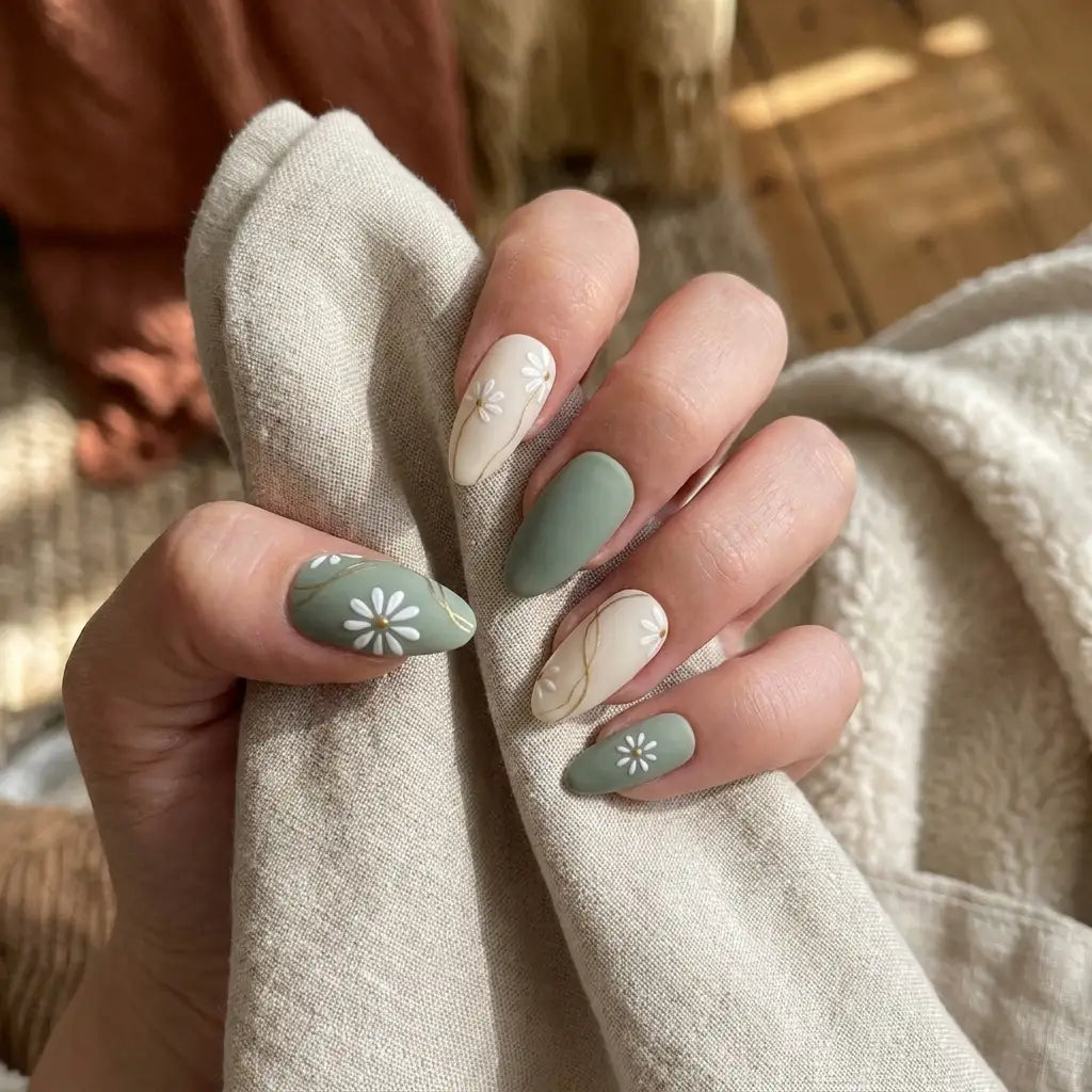 matte sage green nude hand painted almond press on nails daisy gold swirl lifestyle 02