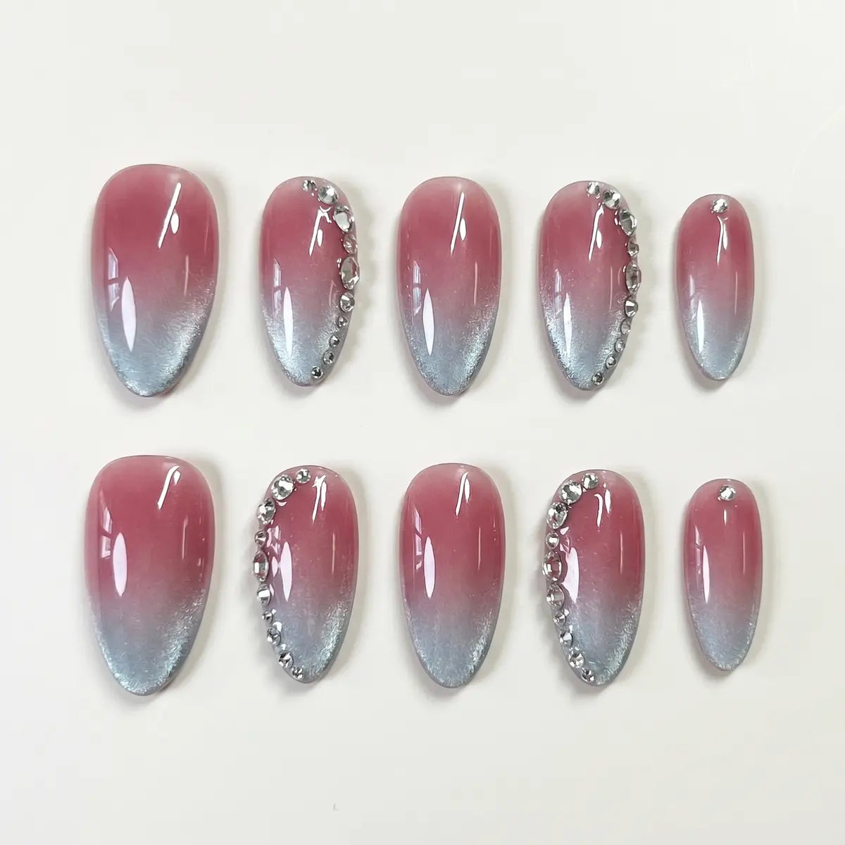 mauve blue ombre cat eye 3d almond press on nails silver rhinestone flat lay 01