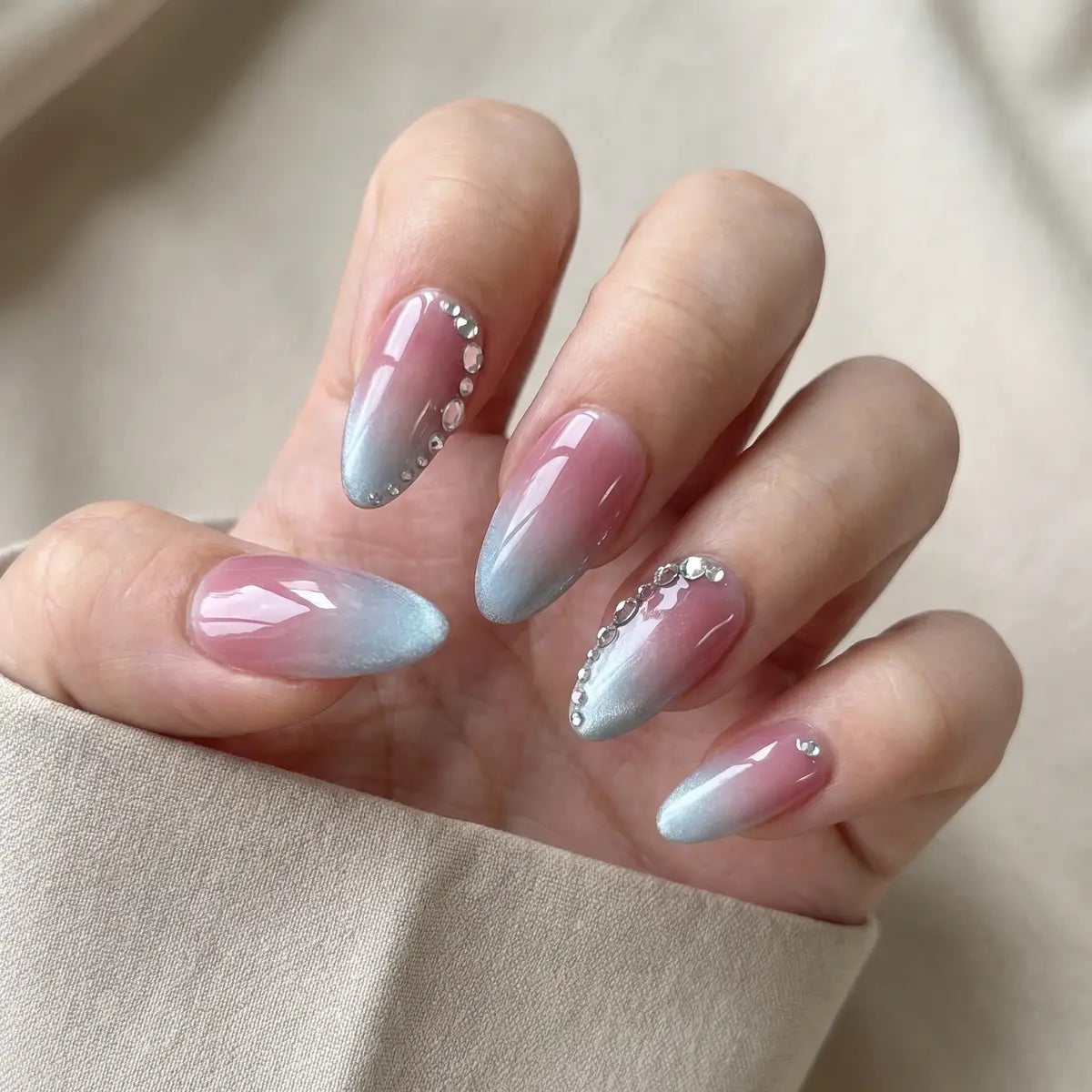 mauve blue ombre cat eye 3d almond press on nails silver rhinestone mockup 01