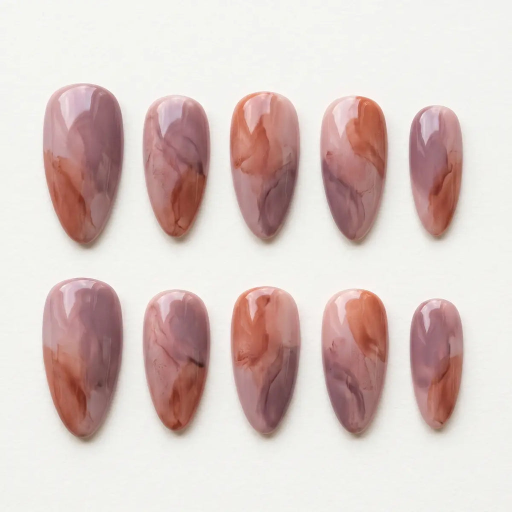 mauve brown marble almond press on nails abstract watercolor lifestyle 06