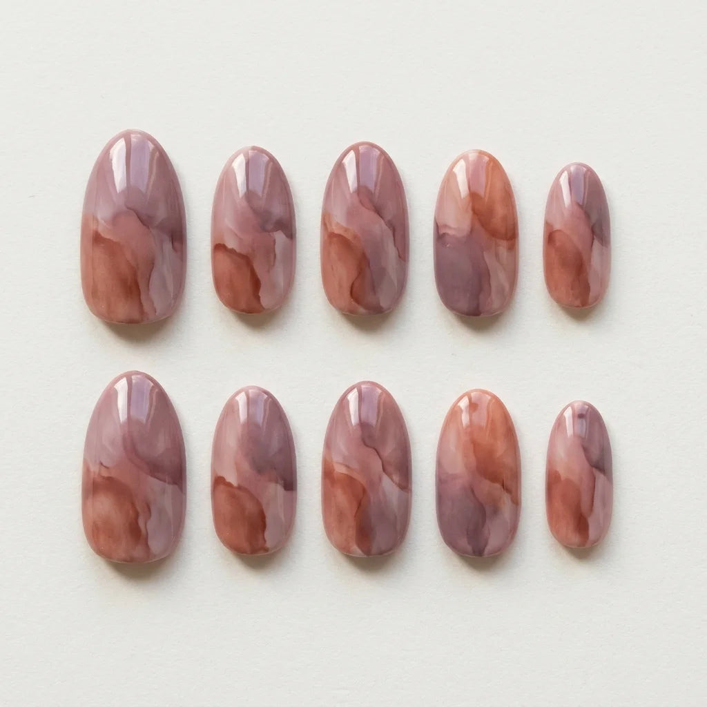 mauve brown marble oval press on nails watercolor detail 03