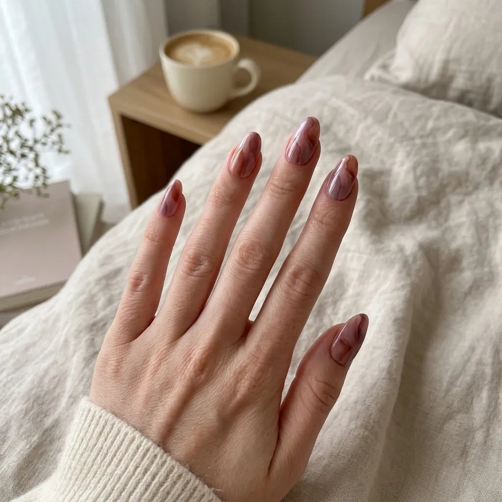 mauve brown marble oval press on nails watercolor flat lay 04