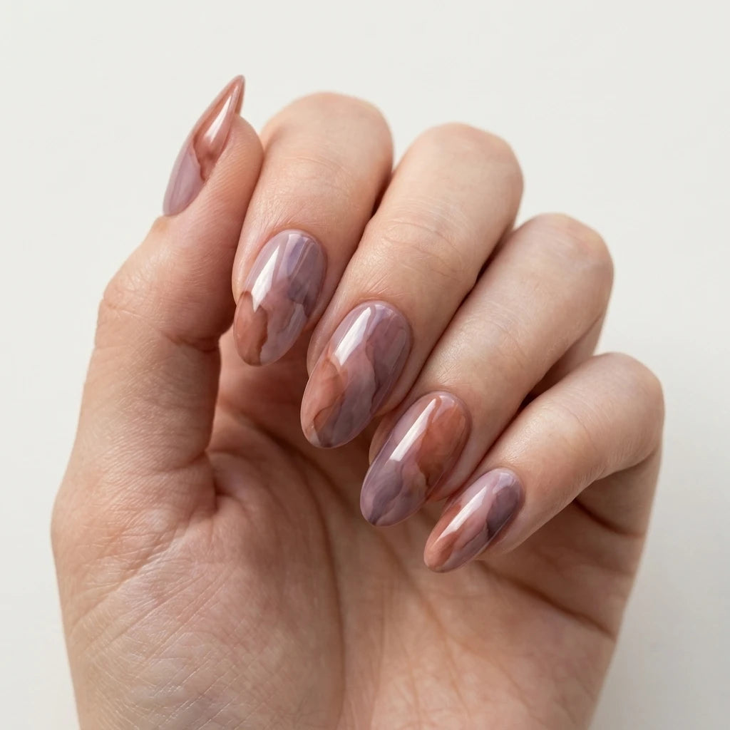 mauve brown marble oval press on nails watercolor lifestyle 02
