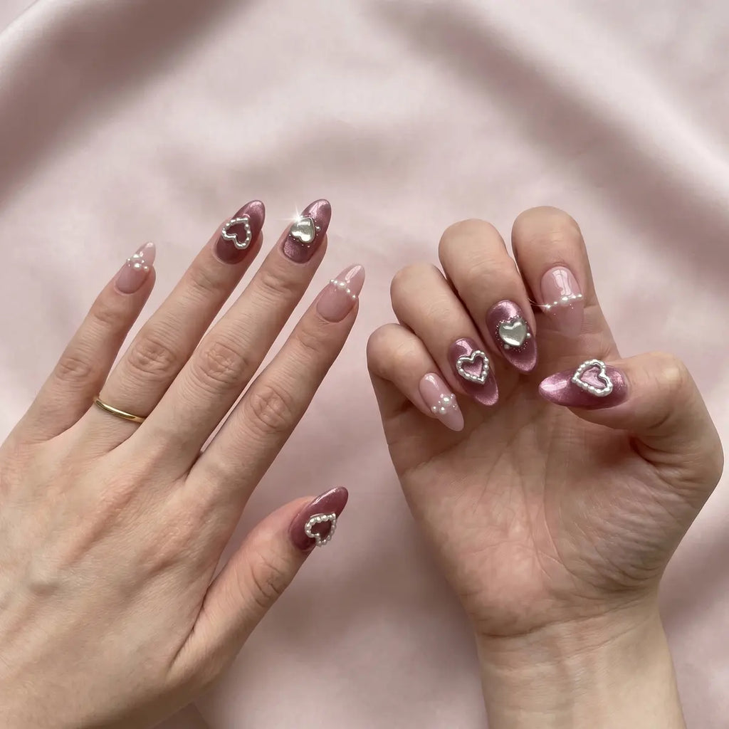 mauve cat eye almond press on nails 3d silver heart pearl mockup 01