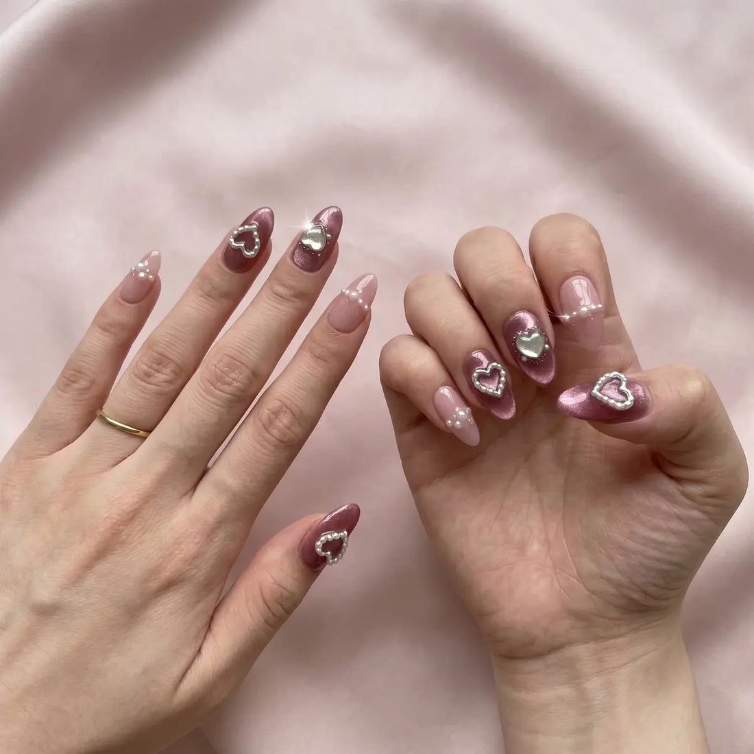 mauve cat eye almond press on nails 3d silver heart pearl mockup 01
