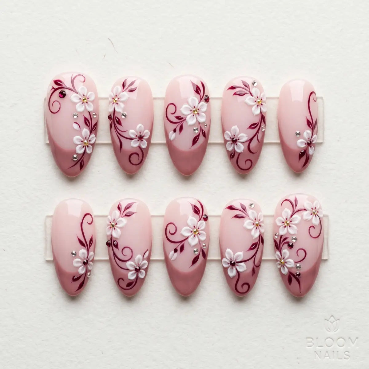 mauve floral 3d almond long press on nails white flower swirl flat lay 01