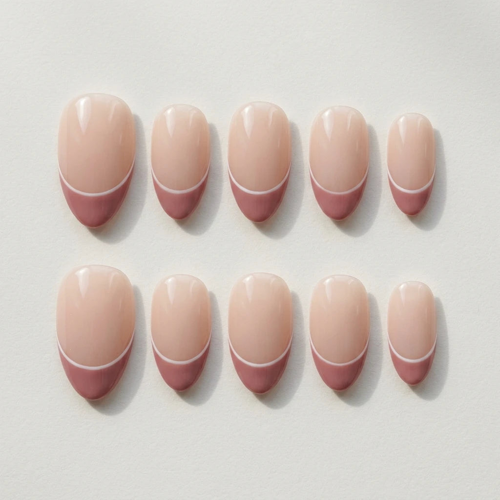 mauve french tip almond press on nails white outline detail 03