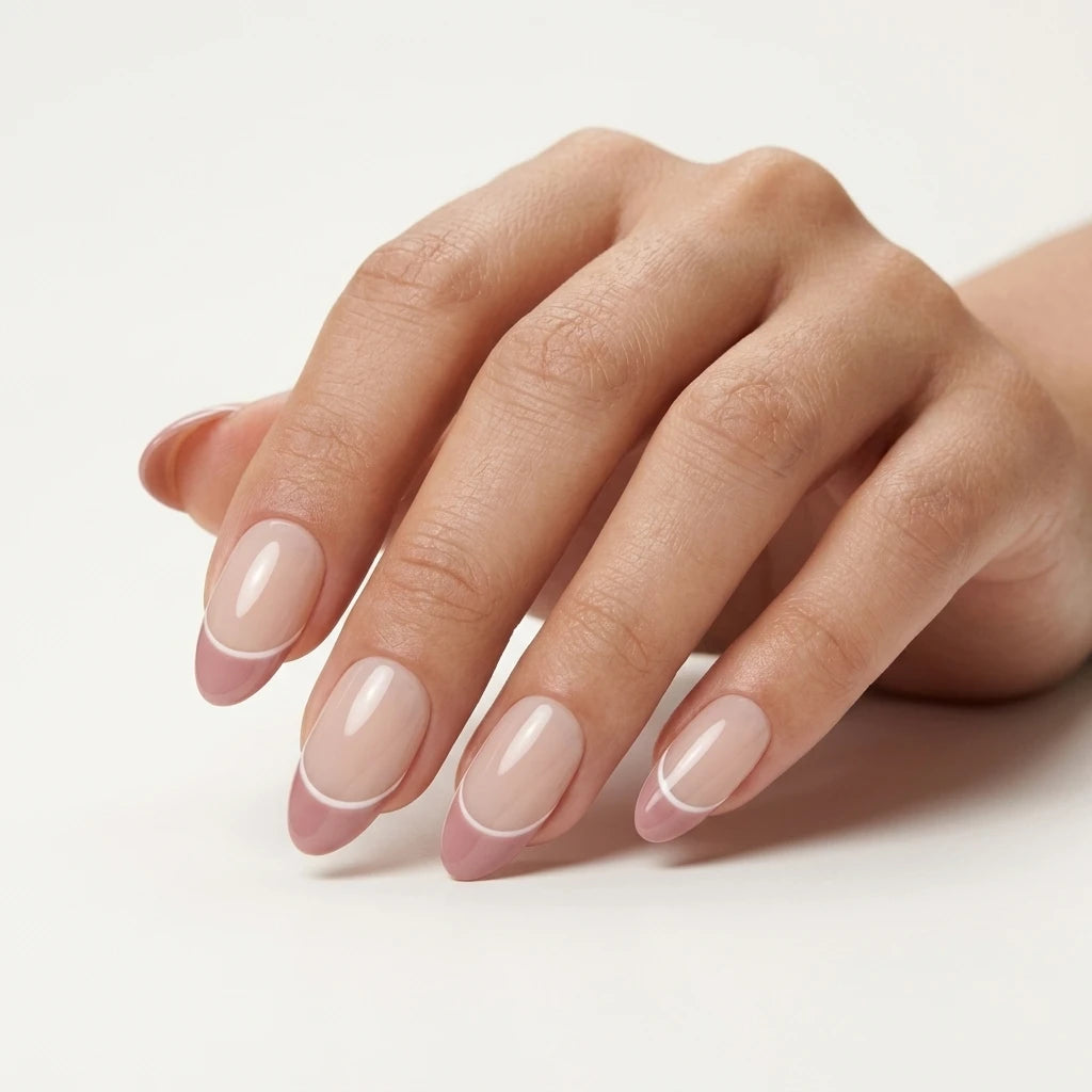 mauve french tip almond press on nails white outline flat lay 04