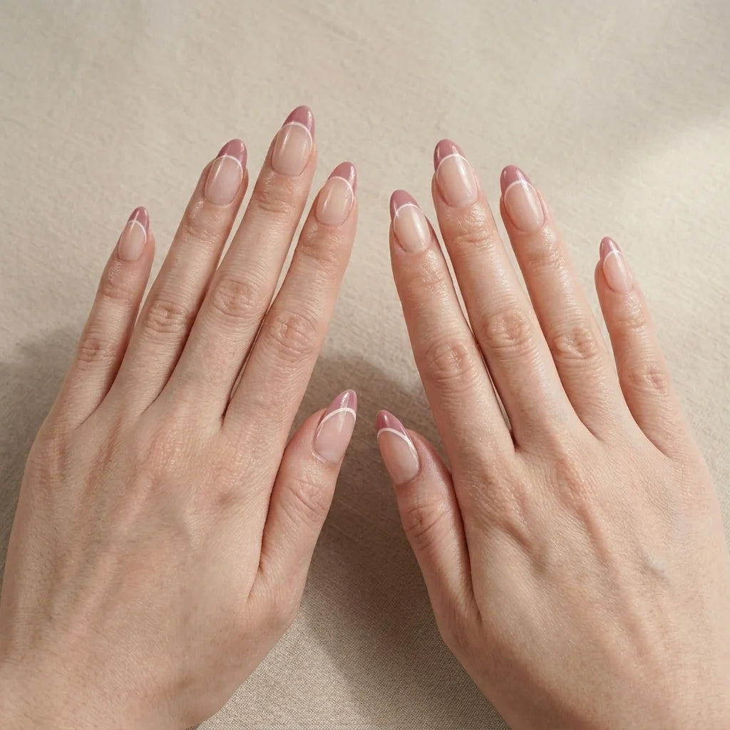 mauve french tip almond press on nails white outline lifestyle 02