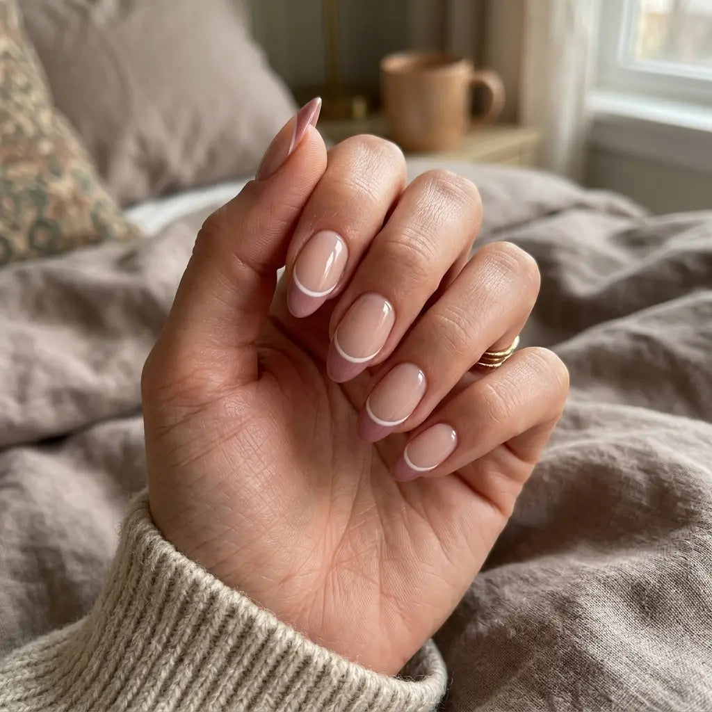 mauve french tip almond press on nails white outline mockup 01